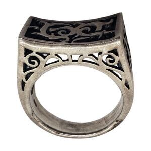 Sterling Silver 925 Square Filigree Ring Vintage Gothic Scroll Pierced sz 10.75